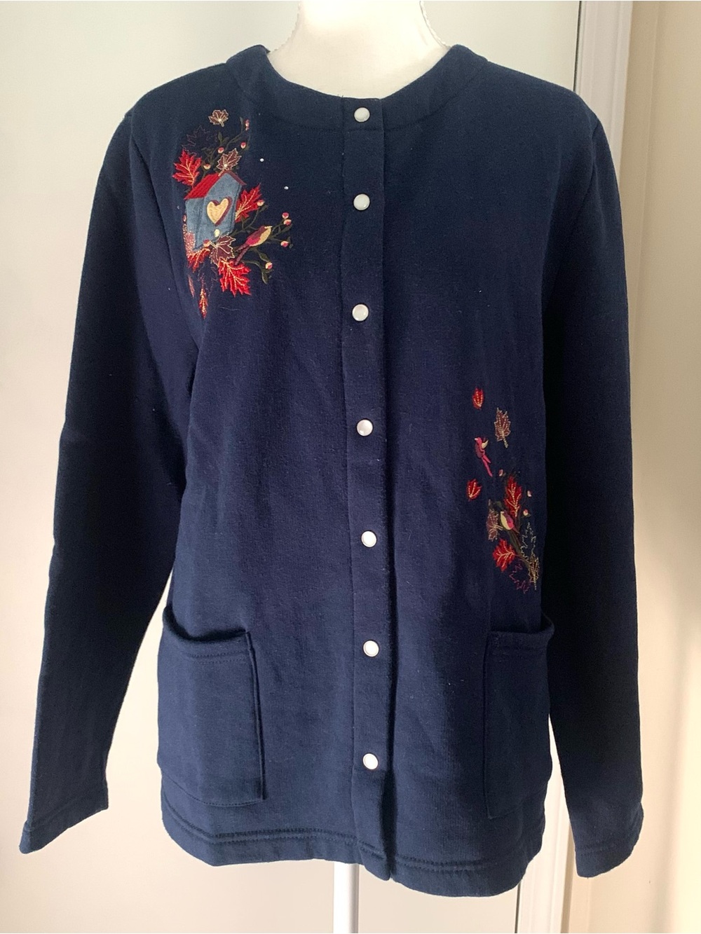Breckenridge Cardigan Sweater Embroidered Fall Navy Blue Pearl Snap Fleece Sz L
